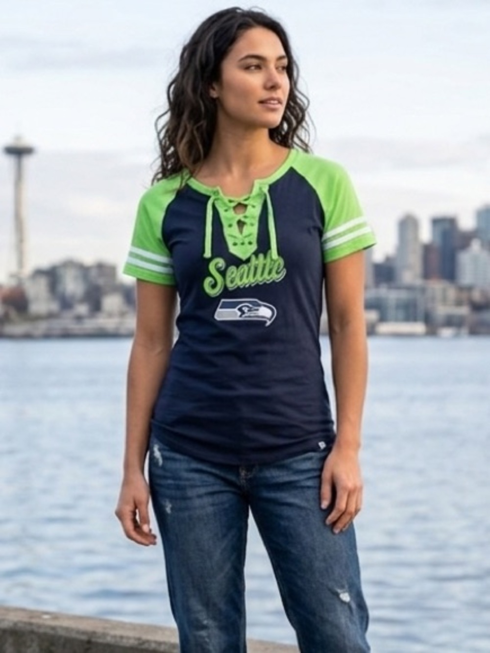 NFL Neon Green & Navy Seattle Seahawks Short Sleeve Tee with Lace Up V-Neck